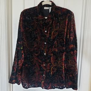 Vintage L Burnout Velvet Blouse Black Burgundy Gold